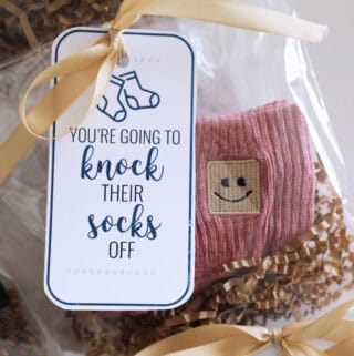 Cute socks gift idea wrapped in cellophane.