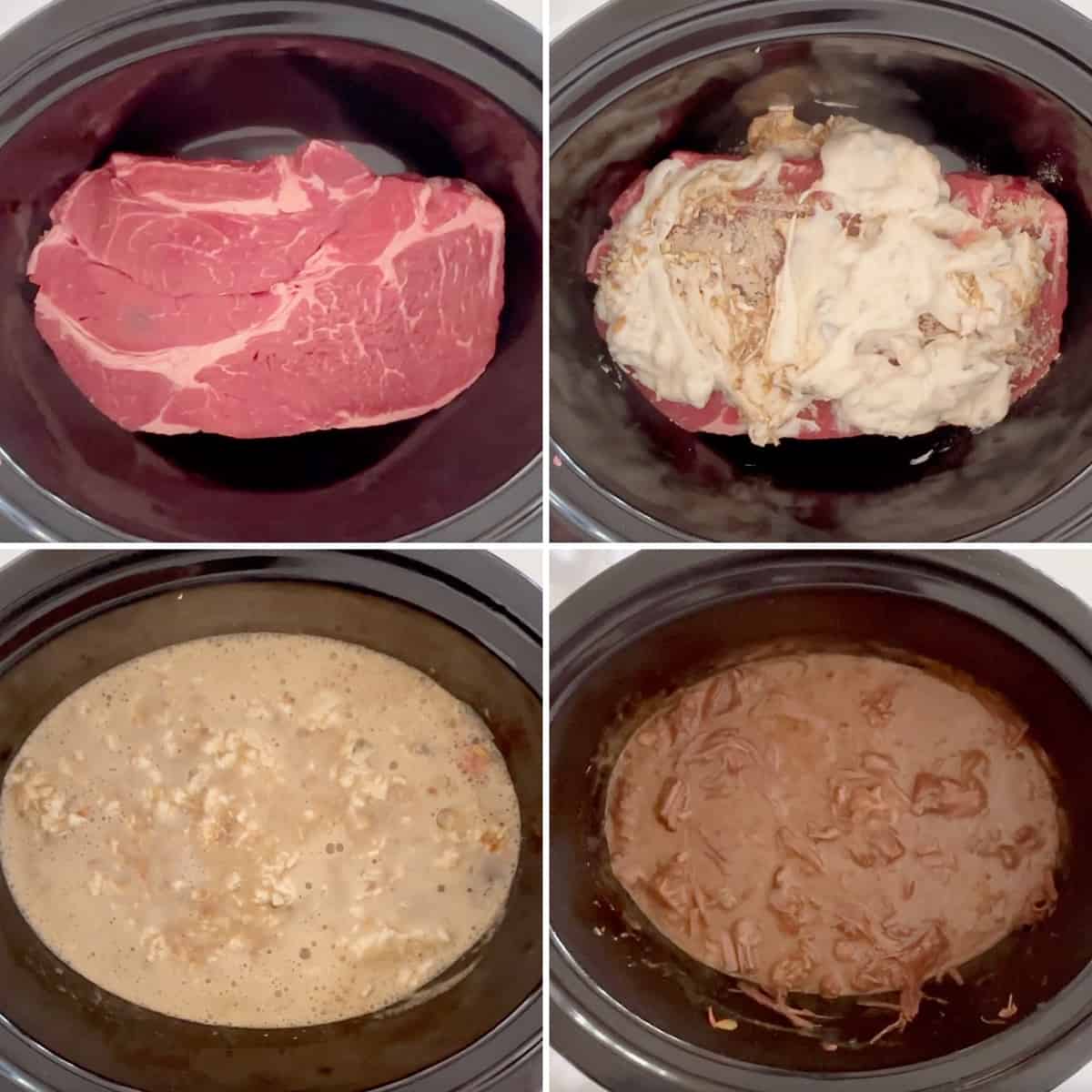 4 photos showing the process of making pot roast in a slow cooker