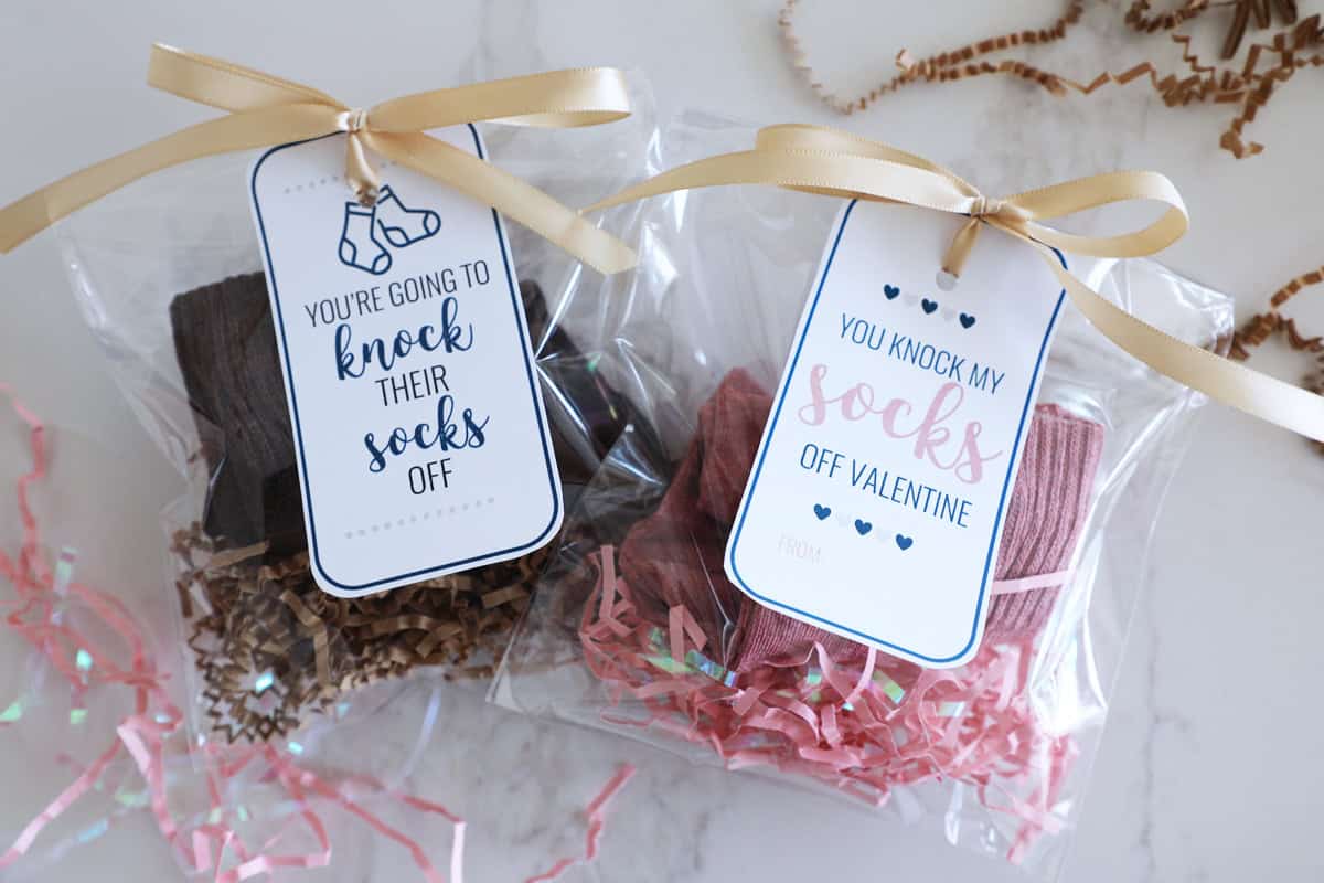 An image of two different free printable sock gift tags.