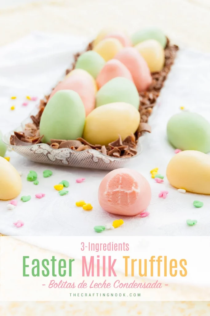 A bunch of Easter pastel colored truffles on a rectangular serving dish.