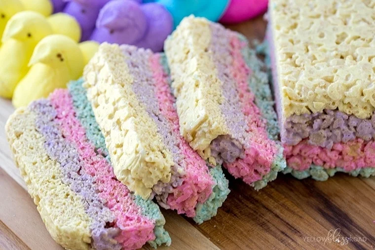 Colored rice crispy treats in pastel Easter colors.
