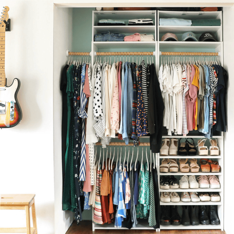 Small closet organized with two bookshelves, clothes organized by color and season.
