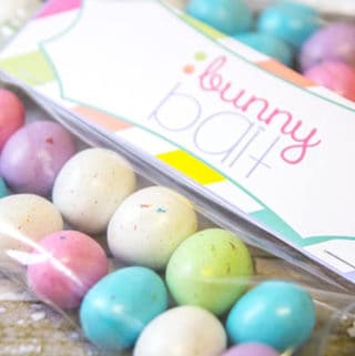 Some malted eggs in clear plastic bags with free printable bunny bait tags.