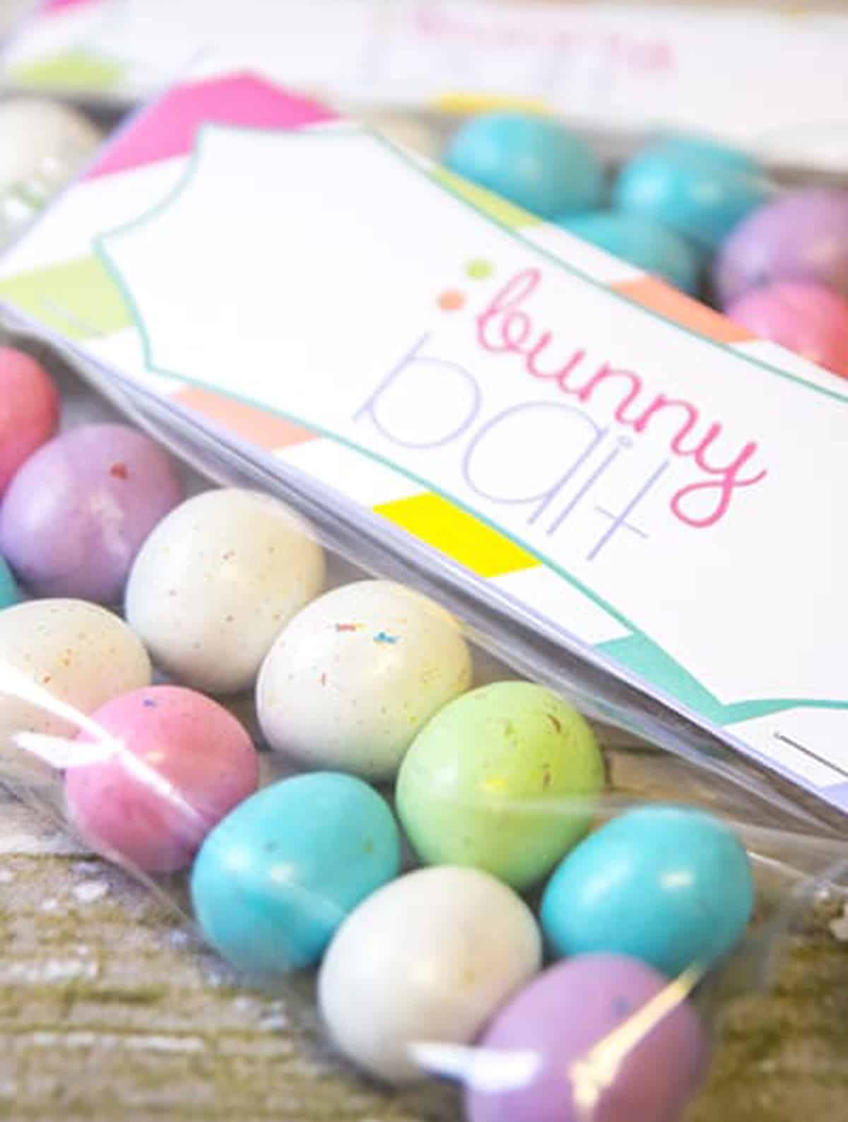 Some malted eggs in clear plastic bags with free printable bunny bait tags.