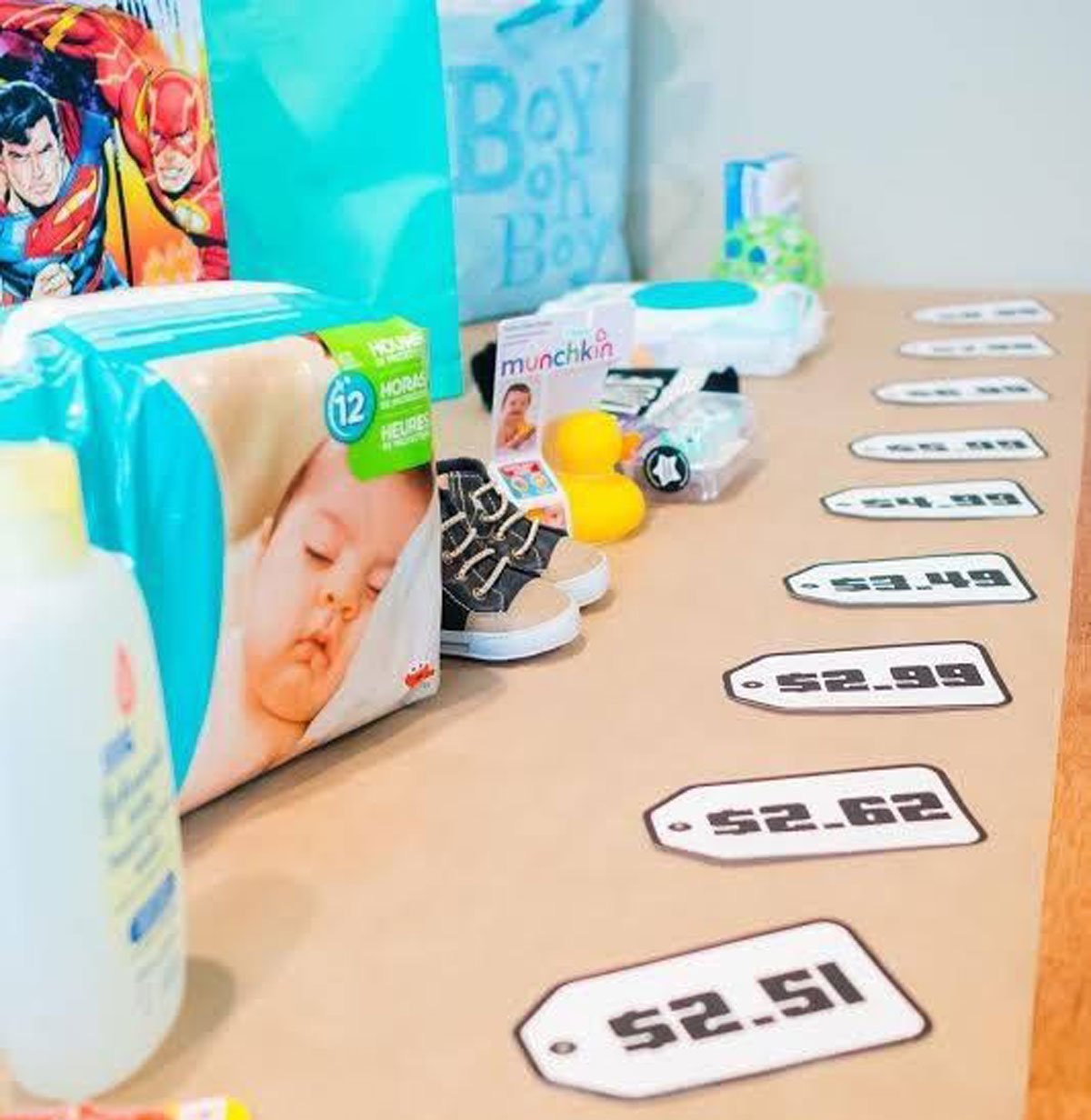 The Price is Right baby shower game with baby items and prices.