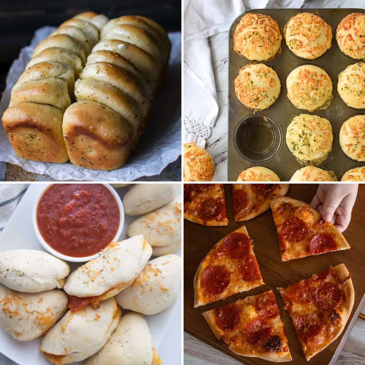 Four images showing different recipes you can make using Rhodes frozen roll dough. 