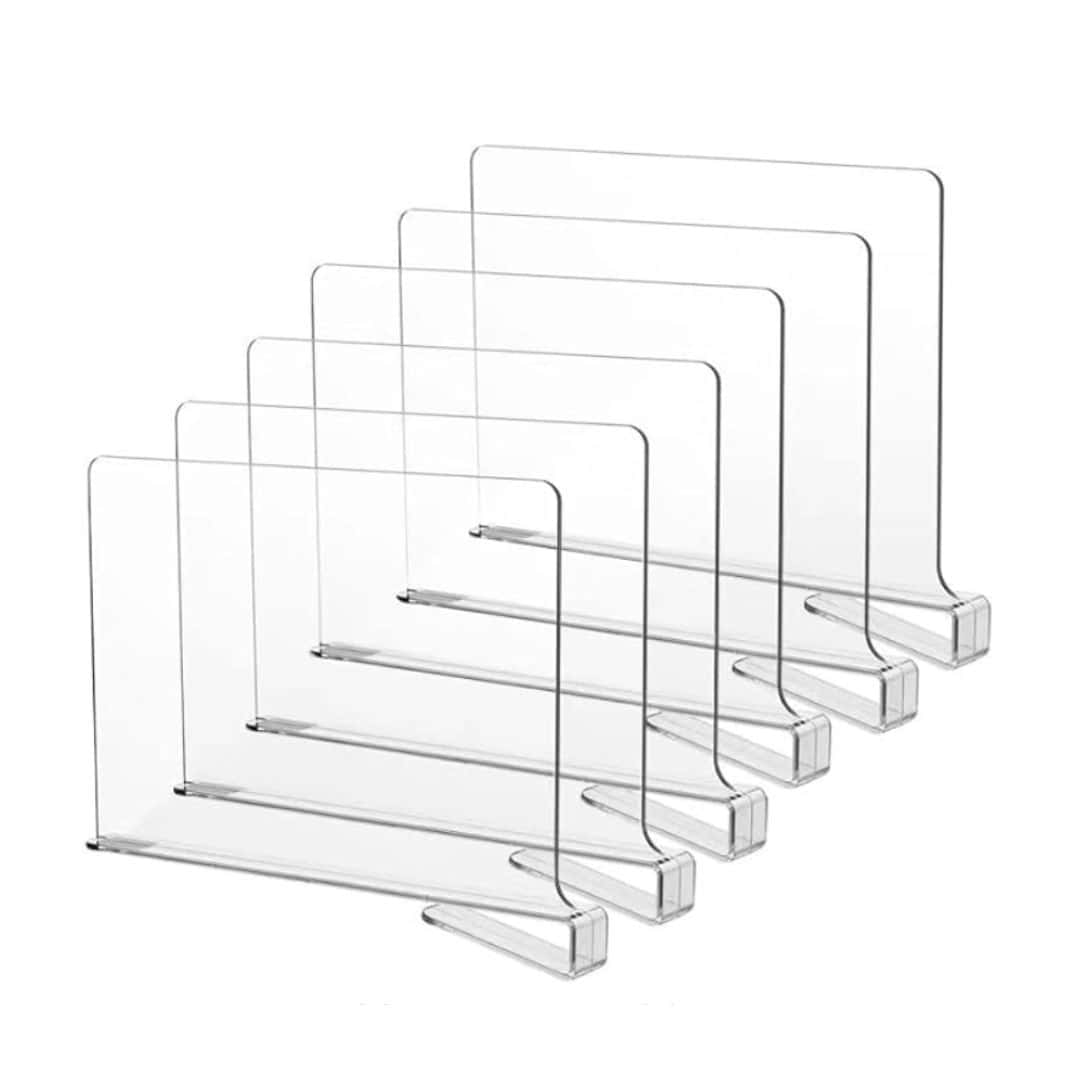 6 clear shelf dividers in a row with a white background.