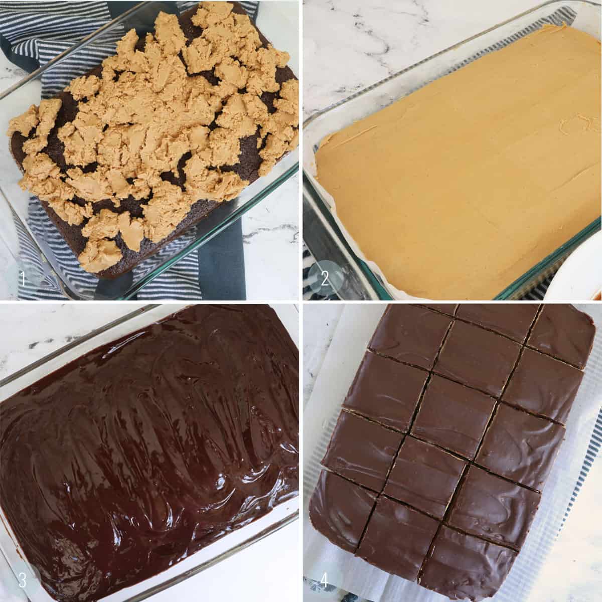 Peanut butter brownies step by step collage for how to make buckeye brownies.