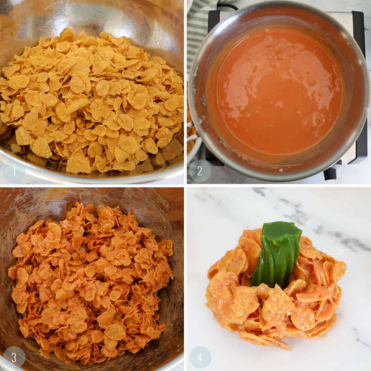 step-by-step collage for how to make pumpkin corn flake marshmallow treats.