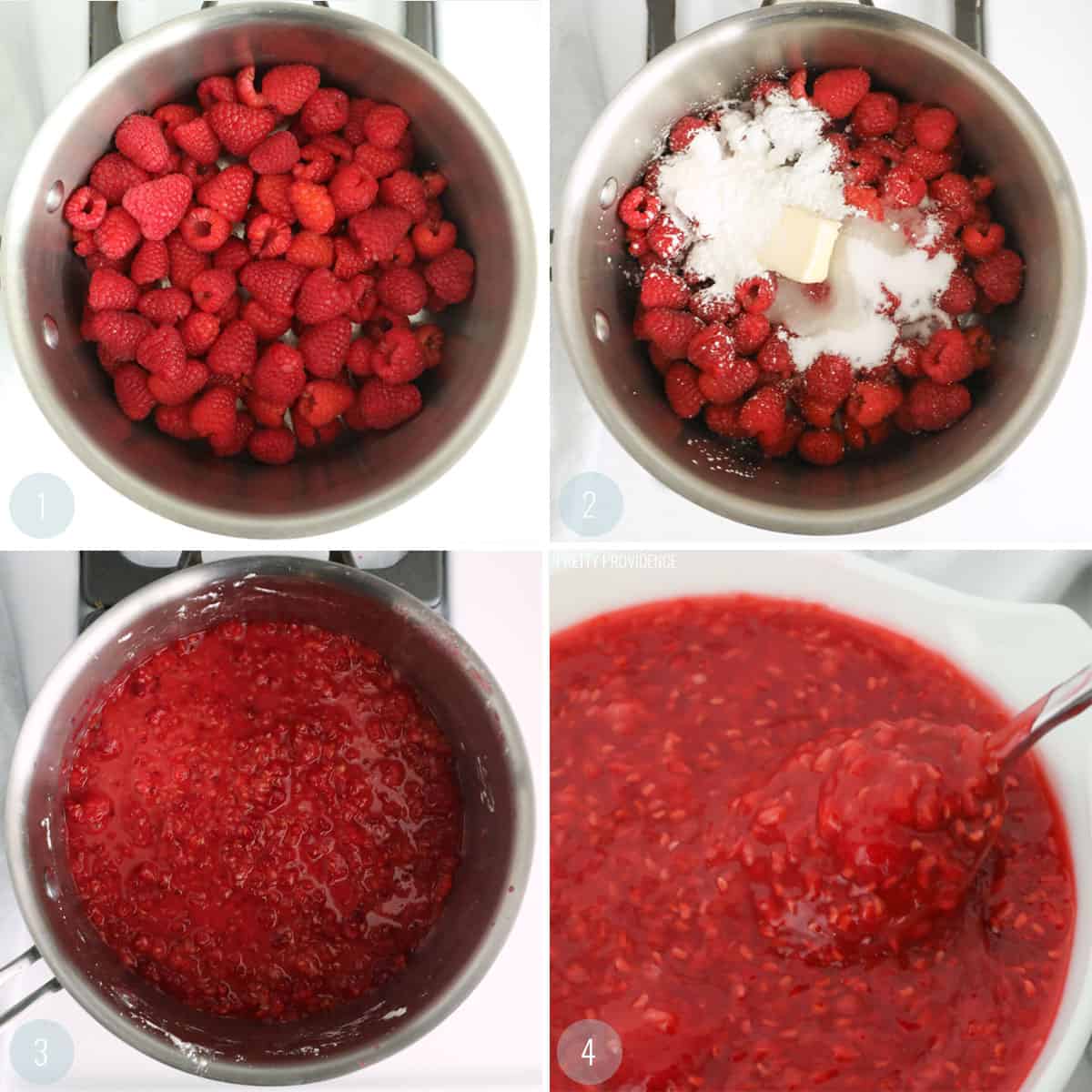 Raspberry pie filling recipe collage with step-by-step instructions.