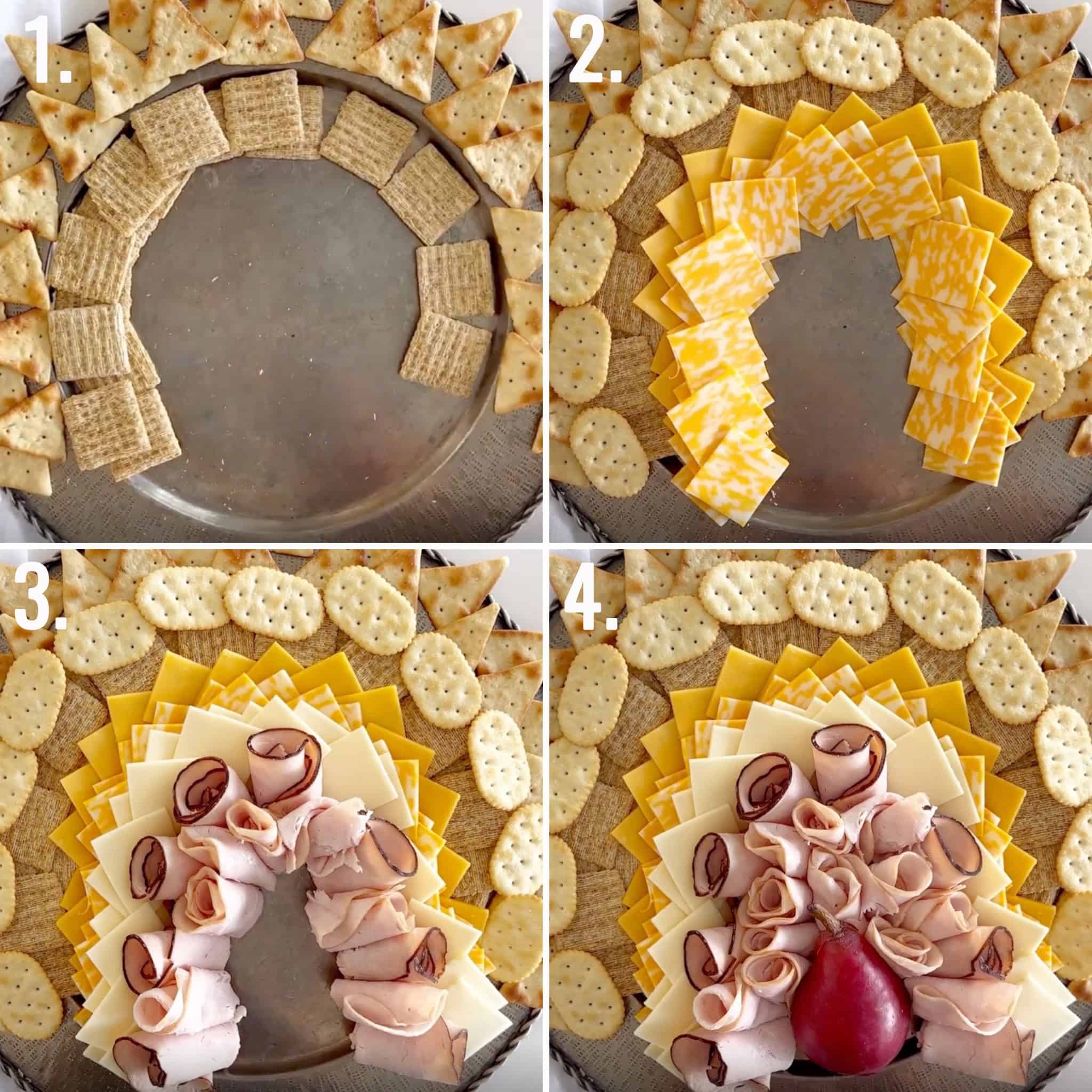 Four step by step photos showing how to assemble a thanksgiving turkey cheese platter. 