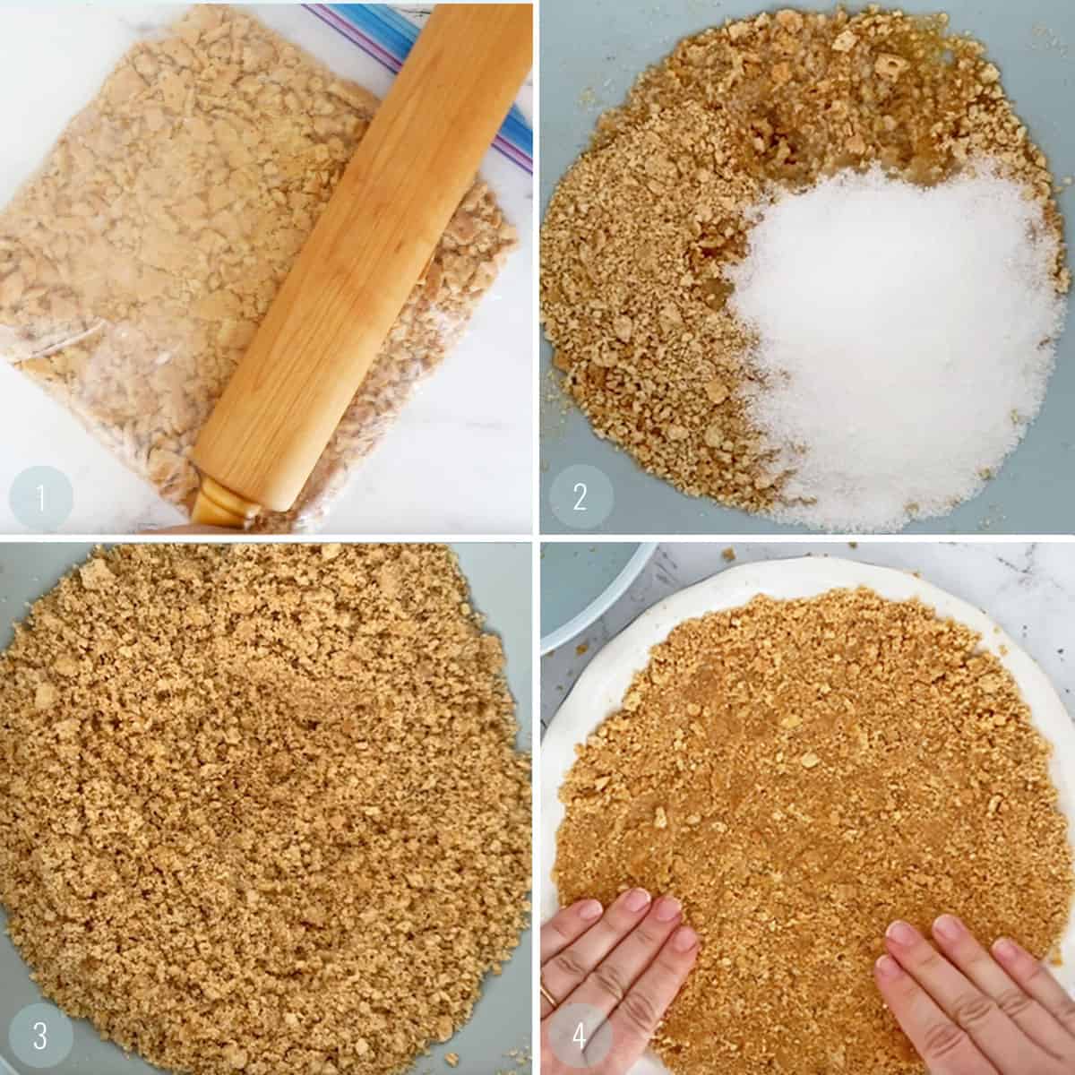 Step by step collage showing how to make graham cracker pie crust.