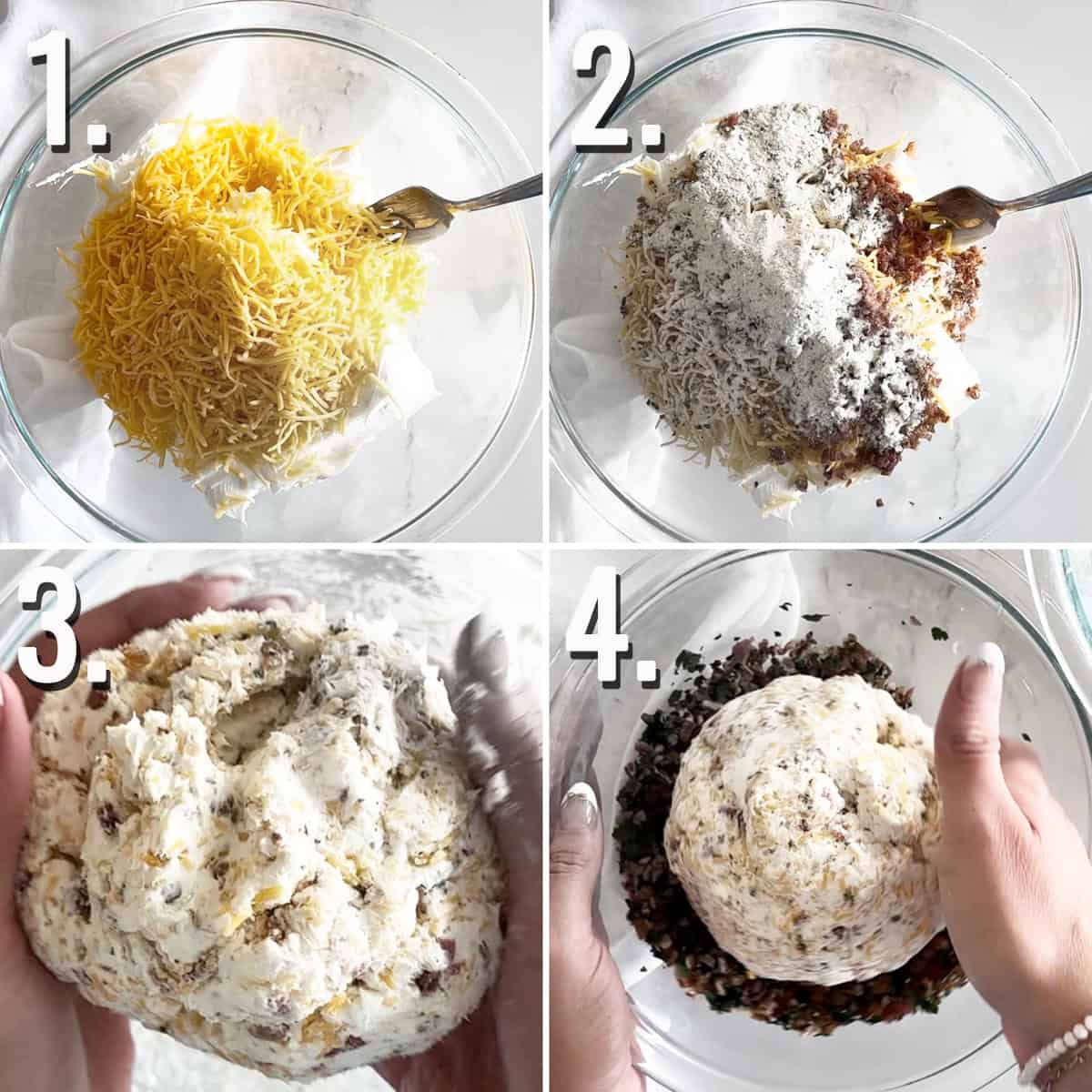 Step by step numbered photos showing how to make a cheese ball.