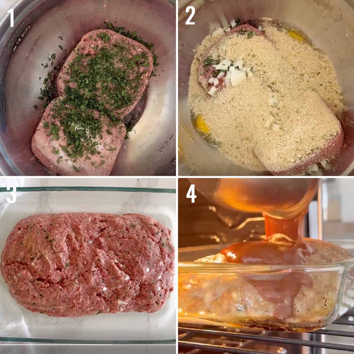 Four images showing steps for how to make the meatloaf recipe. 