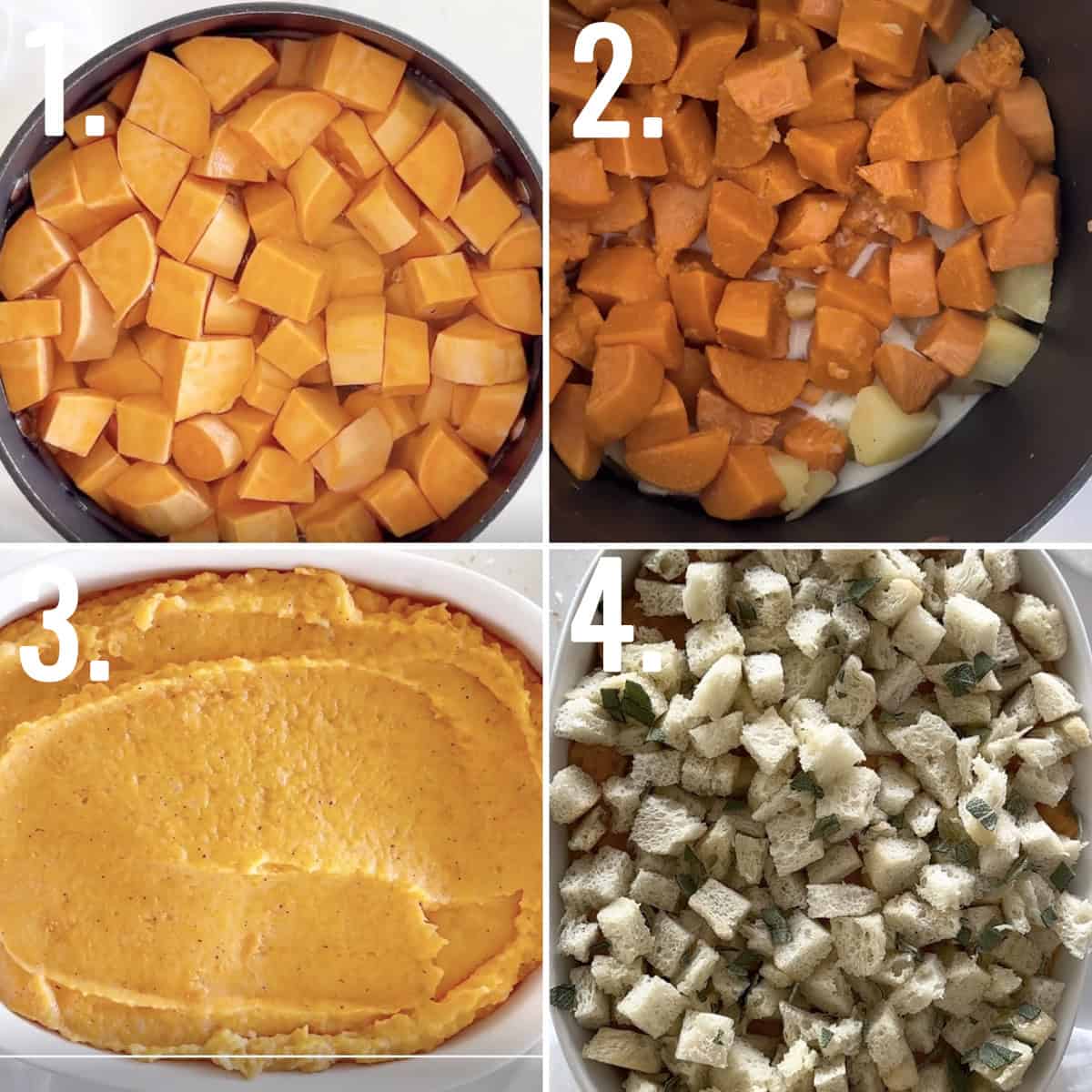 Four process photos showing steps for how to make a savory sweet potato casserole.