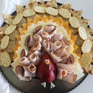 A bird's eye view of a turkey cheese platter modeled to look like a Thanksgiving Turkey.