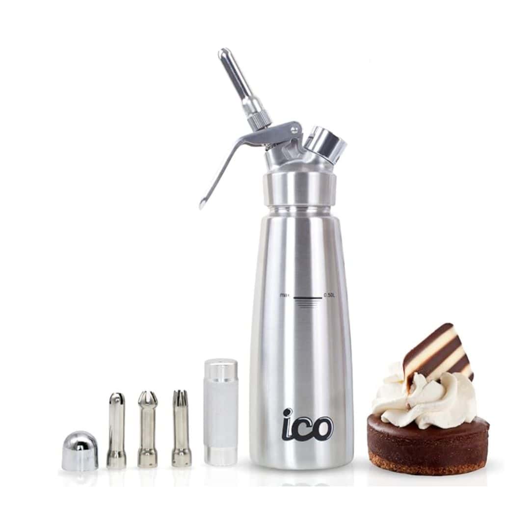 Stainless steel whipped cream dispenser with different attachments.