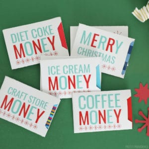 Printable Christmas gift card holders that say 'diet coke money' 'coffee money' ' merry christmas' 'craft store money' and 'ice cream money.'