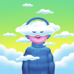 Spotify art illustration of a person with headphones on surrounded by clouds.