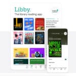 Libby app logo and iphone screen with audiobook covers on it.