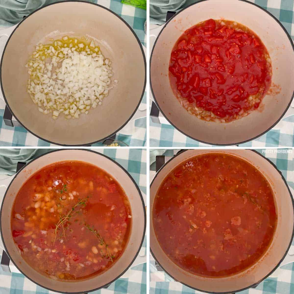 Step by step collage of how to make healthy tomato soup with white beans and fresh thyme.