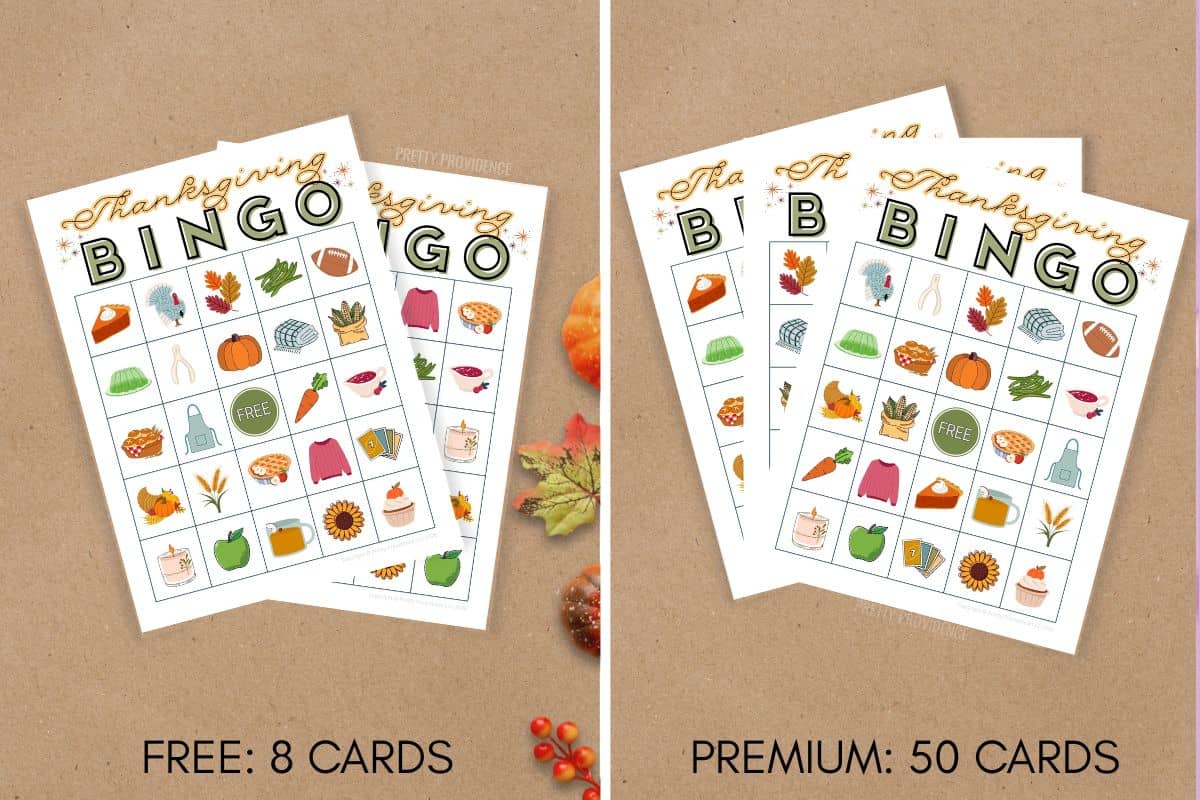 two versions of printable thanksgiving bingo cards - one set of 8 cards which is free, and one set of 50 cards which can be purchased.