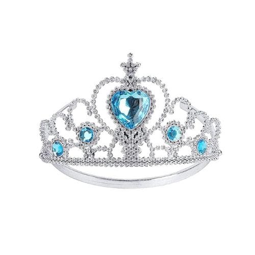 Princess crown silver plastic with blue rhinestones. 