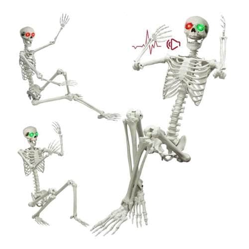 Posable skeleton in three different poses on a white background. 