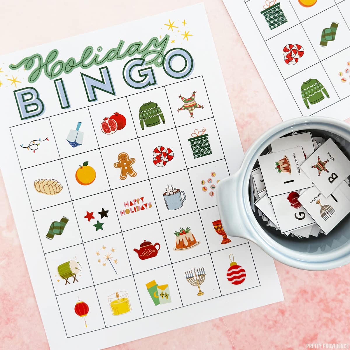 Winter Bingo card with calling cards in a bowl beside it.