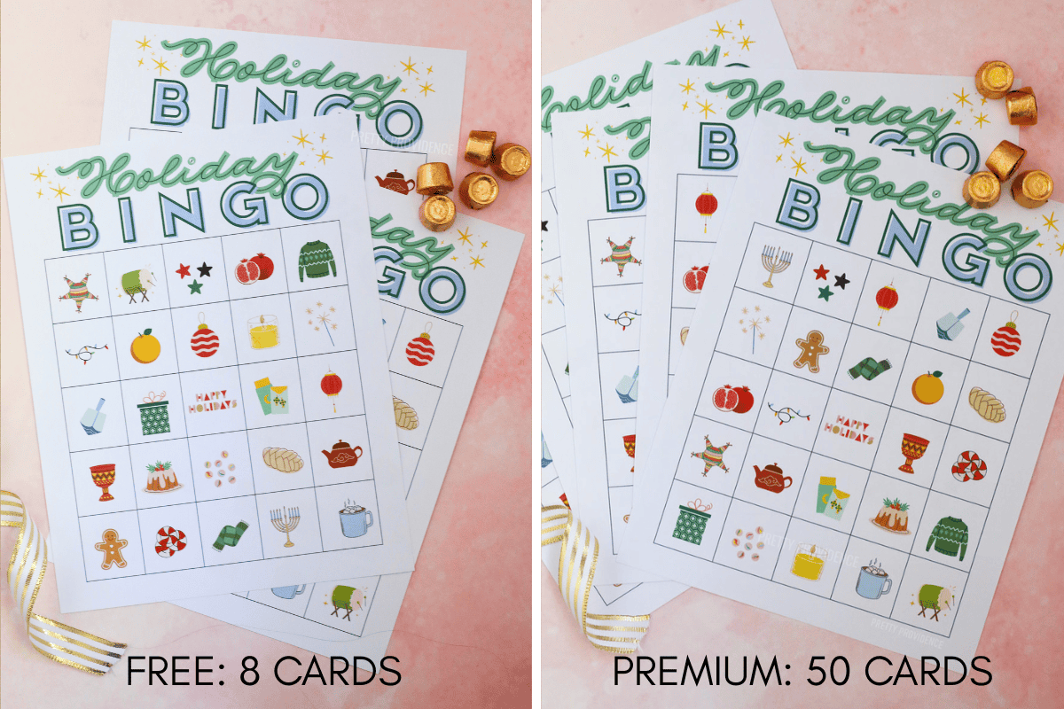 Holiday bingo cards representing winter holidays free set of 8 cards and premium set of 50 cards.