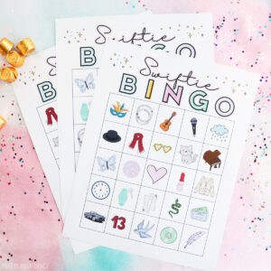 Printable Taylor Swift Themed Bingo Game Swiftie Bingo with themed pictures and rolo candy on the side.