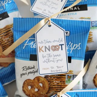 A cute free printable gift tag for a team gift.